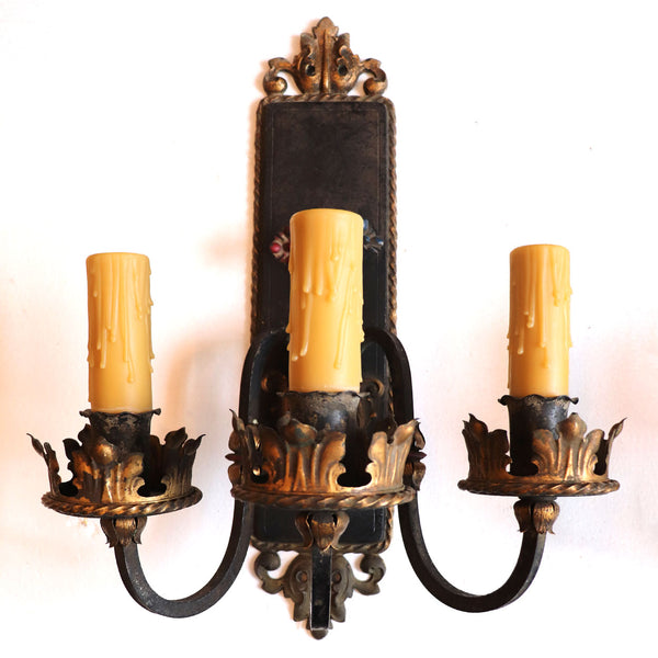 Pair of French Painted Iron and Gilt Tole Three-Light Wall Sconces