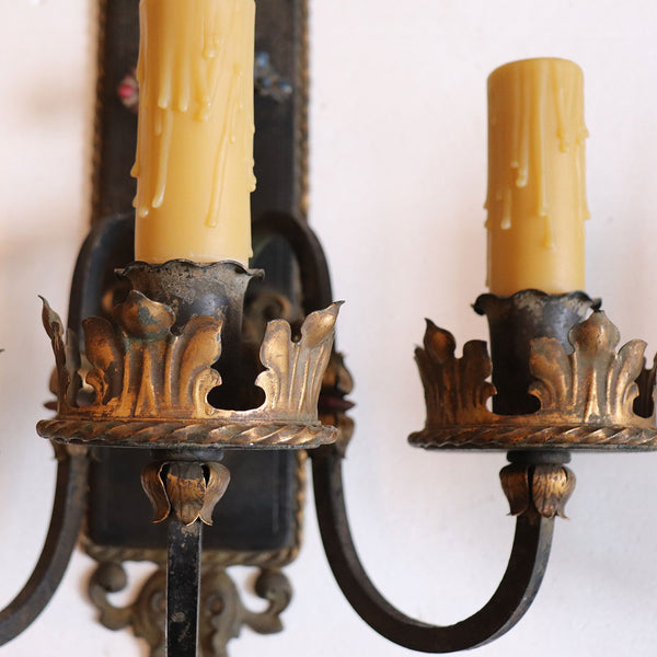 Pair of French Painted Iron and Gilt Tole Three-Light Wall Sconces