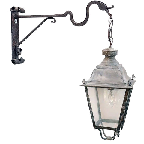 Small French Verdigris Copper, Glass and Forged Iron One-Light Bracket Lantern