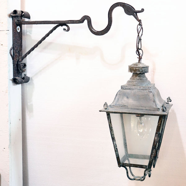 Small French Verdigris Copper, Glass and Forged Iron One-Light Bracket Lantern