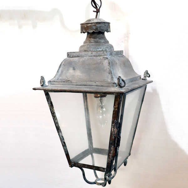 Small French Verdigris Copper, Glass and Forged Iron One-Light Bracket Lantern