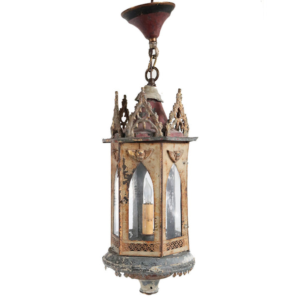 French Painted Tole and Glass Hanging One-Light Pendant Lantern