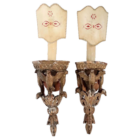 Pair of French Carved Giltwood One-Light Wall Sconces with Rawhide Shades