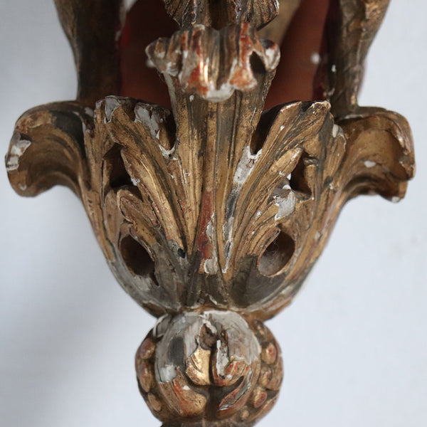 Pair of French Carved Giltwood One-Light Wall Sconces with Rawhide Shades