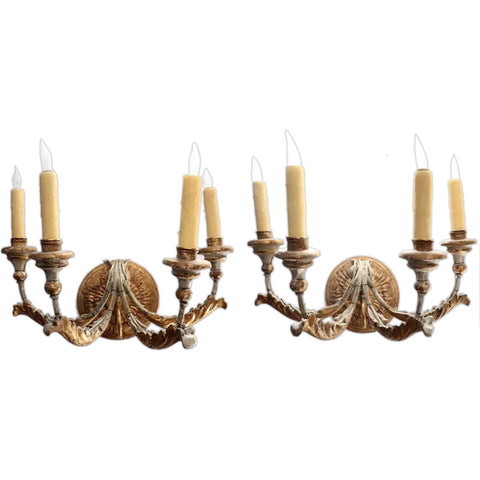 Pair of Italian Giltwood and Gesso Four-Arm Wall Sconces