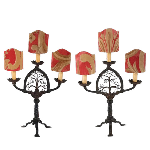 Pair of French Forged Iron Three-Arm Candelabra Table Lamps with Shades