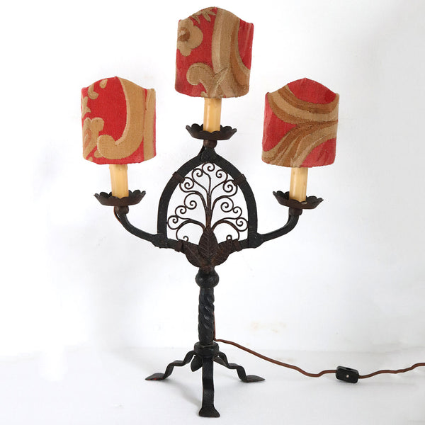 Pair of French Forged Iron Three-Arm Candelabra Table Lamps with Shades