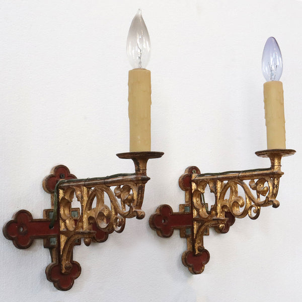 Set of Four Gothic Revival Painted Cast Iron One-Light Bracket Sconces with Shades