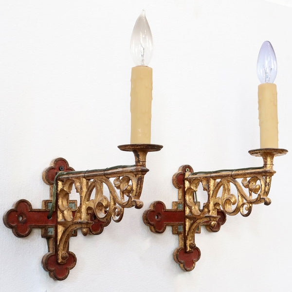 Set of Four Gothic Revival Painted Cast Iron One-Light Bracket Sconces with Shades