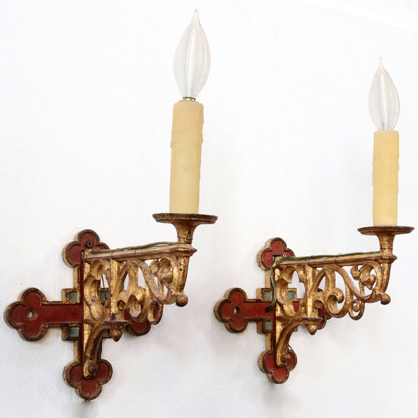 Set of Four Gothic Revival Painted Cast Iron One-Light Bracket Sconces with Shades