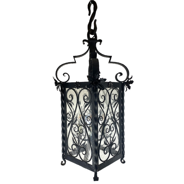 Pair of French Wrought Iron and Glass Four-Light Hanging Lanterns