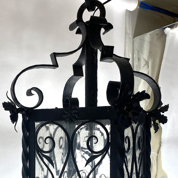 Pair of French Wrought Iron and Glass Four-Light Hanging Lanterns