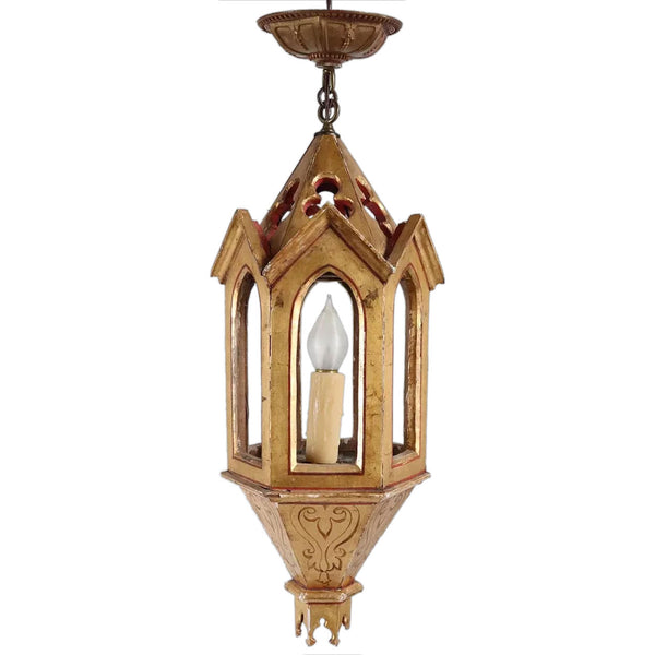 Italian Venetian Gilt and Painted Pine Hanging One-Light Pendant Lantern