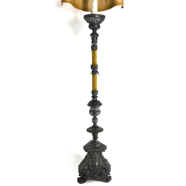 French Baroque Revival Silvered Brass Repousse One-Light Candlestick Floor Lamp