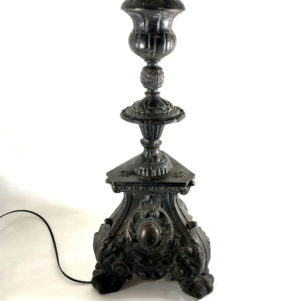 French Baroque Revival Silvered Brass Repousse One-Light Candlestick Floor Lamp