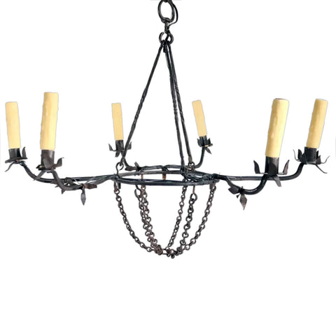 French Medieval Style Wrought Iron Chainlink Six-Light Chandelier