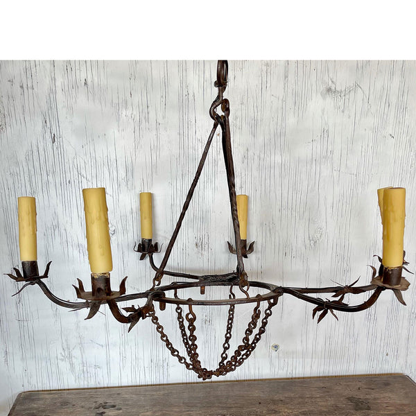 French Medieval Style Wrought Iron Chainlink Six-Light Chandelier