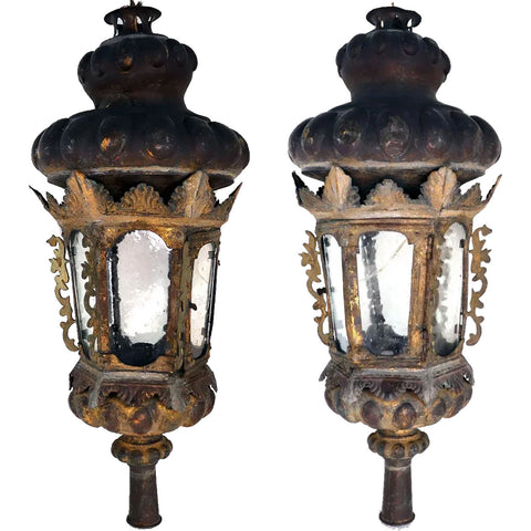 Pair of Italian Brass, Iron and Glass Processional Post Candle Lanterns