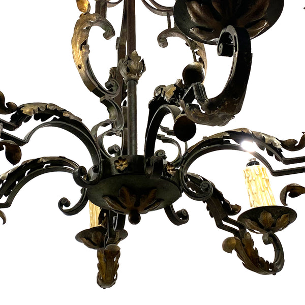 French Green Wrought Iron Six-Light Chandelier