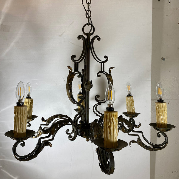 French Green Wrought Iron Six-Light Chandelier