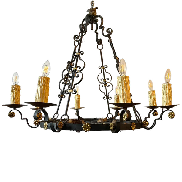 Large Vintage Swedish Black and Gold Wrought Iron Eight-Light Chandelier