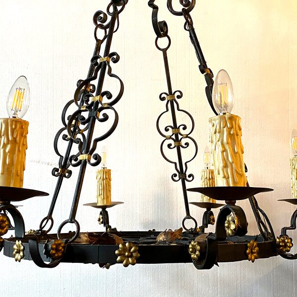 Large Vintage Swedish Black and Gold Wrought Iron Eight-Light Chandelier