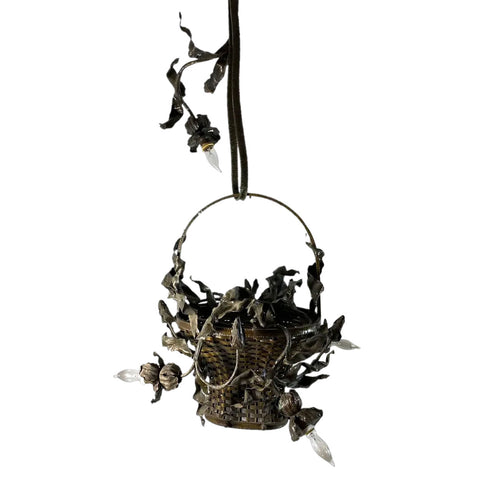 French Wrought Iron and Toleware Flower Basket Four-Light Chandelier