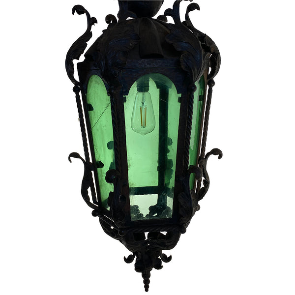 French Wrought Iron and Green Glass Hexagonal Pendant Lantern