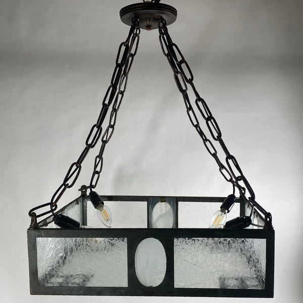Swedish Jugendstil Iron, Bronze and Crackle Glass Four-Light Pendant Light