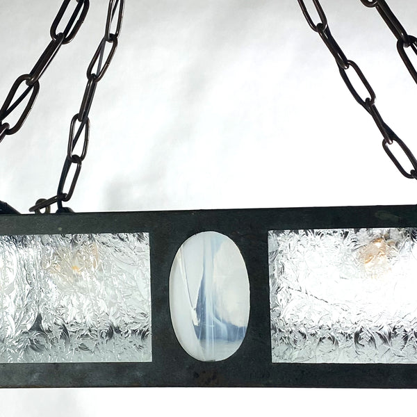 Swedish Jugendstil Iron, Bronze and Crackle Glass Four-Light Pendant Light