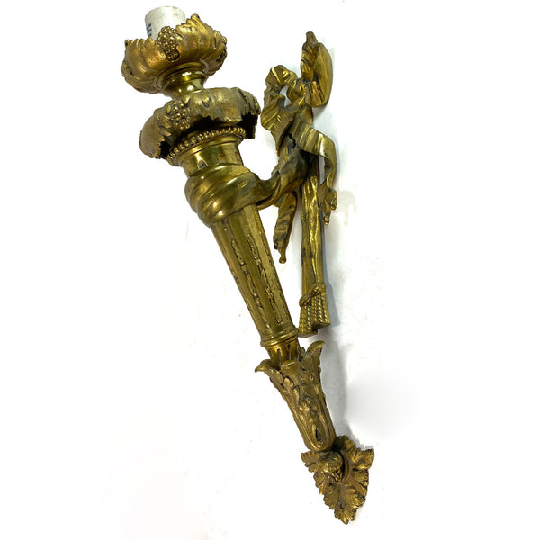 Pair of French Louis XVI Style Gilt Bronze One-Light Torch Bracket Sconces