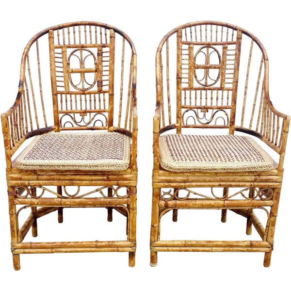 Pair Chinese Chippendale Style Bamboo Armchairs