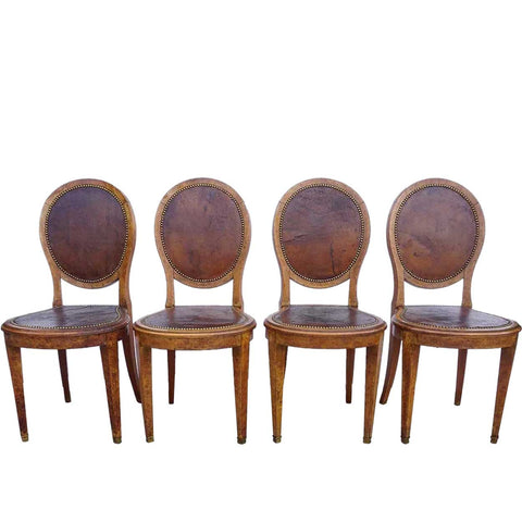 Set of Four French Figured Veneer and Leather Side Dining Chairs