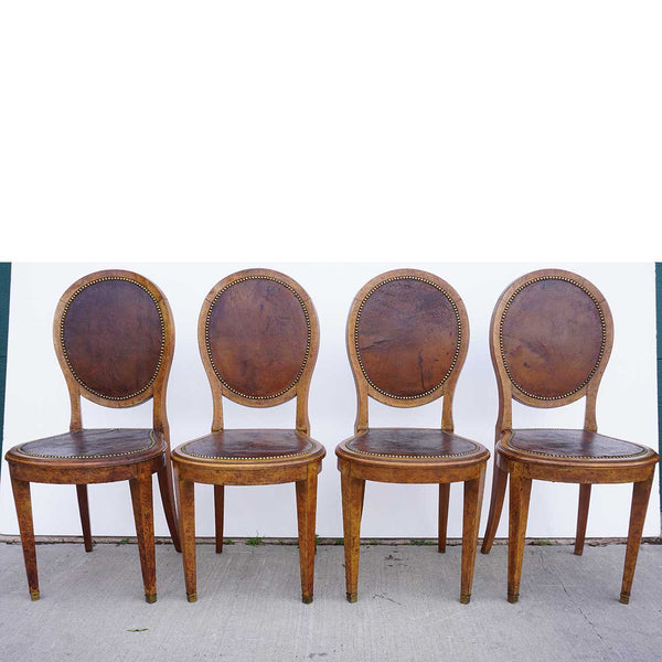 Set of Four French Figured Veneer and Leather Side Dining Chairs