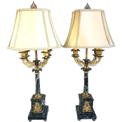 Pair of French Louis XVI Style Verde Antico Marble Four-Light Table Lamps