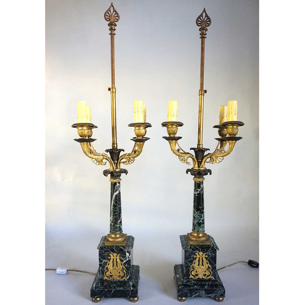 Pair of French Louis XVI Style Verde Antico Marble Four-Light Table Lamps