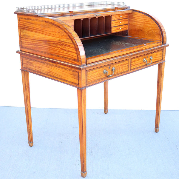 English Edwardian Sheraton Style Hampton and Sons Inlaid Satinwood Writing Desk