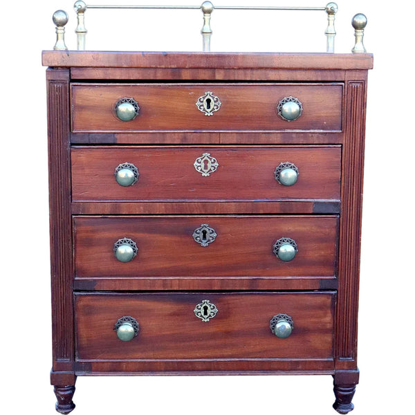 Small English Victorian Mahogany and Brass Gallery Chest of Drawers