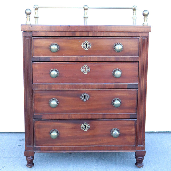 Small English Victorian Mahogany and Brass Gallery Chest of Drawers