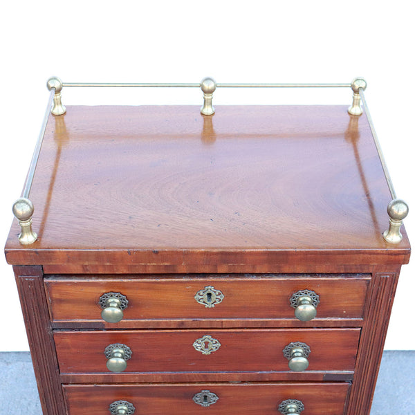 Small English Victorian Mahogany and Brass Gallery Chest of Drawers