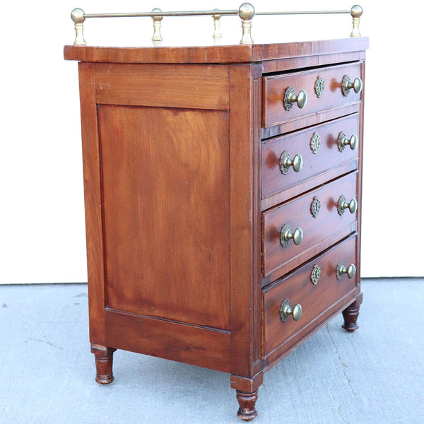 Small English Victorian Mahogany and Brass Gallery Chest of Drawers