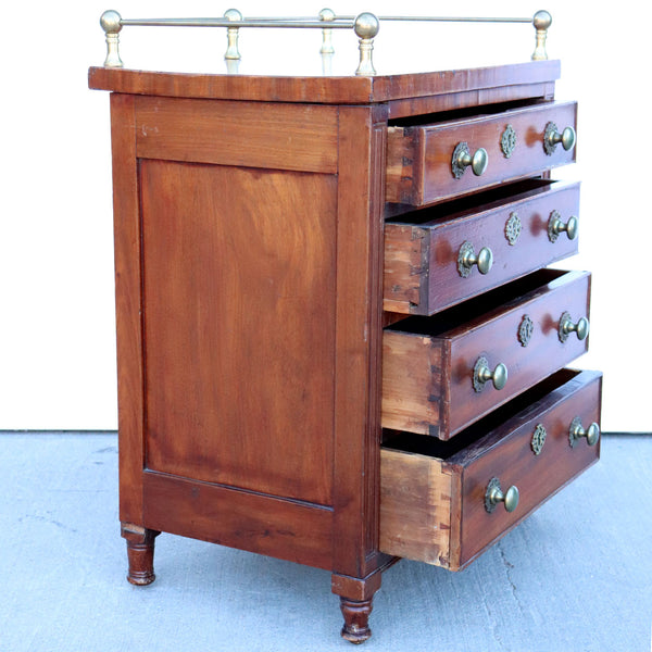 Small English Victorian Mahogany and Brass Gallery Chest of Drawers