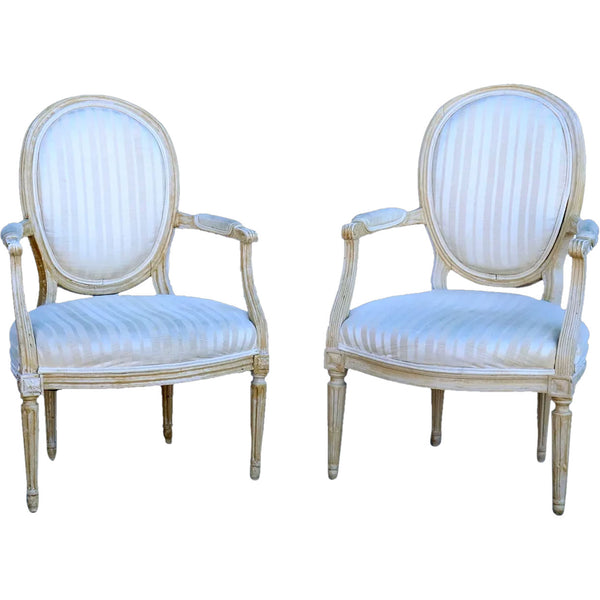Pair of French Louis XVI Style Beechwood Upholstered Open Armchairs (Fauteuils)