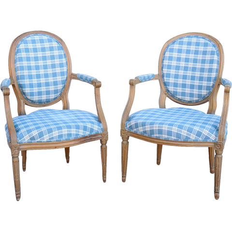 Pair of French Louis XVI Style Beechwood Upholstered Open Armchairs (Fauteuils)