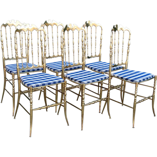 Set of Six Vintage Italian Chiavari Hollywood Regency Brass Side Dining Chairs