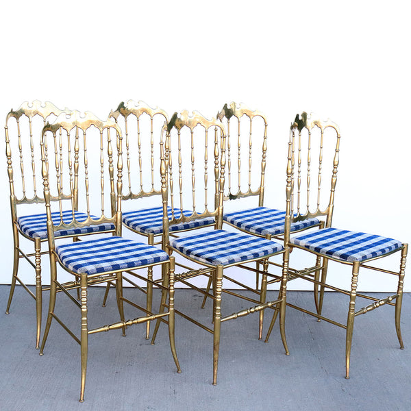 Set of Six Vintage Italian Chiavari Hollywood Regency Brass Side Dining Chairs