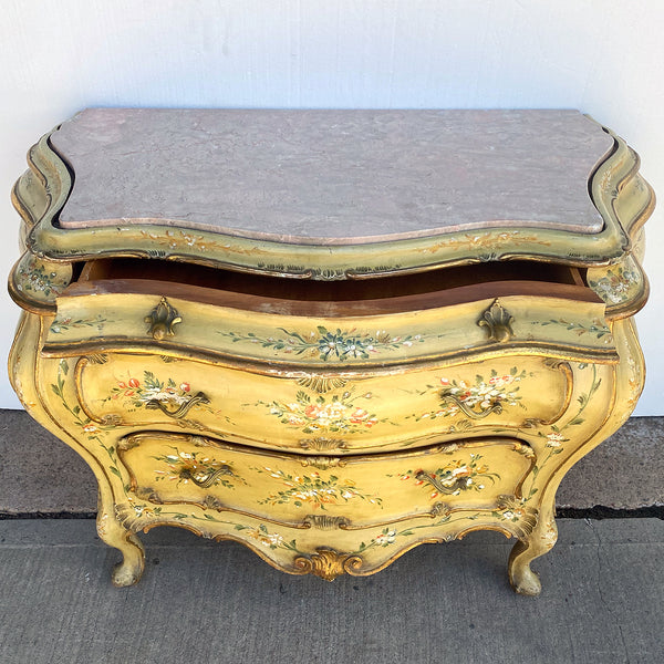 Italian Venetian Rococo Style Painted Pine/Poplar Marble Top Bombe Chest of Drawers
