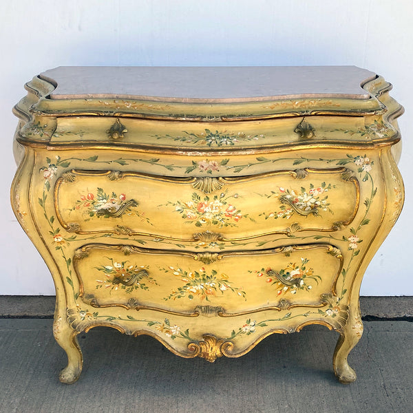 Italian Venetian Rococo Style Painted Pine/Poplar Marble Top Bombe Chest of Drawers