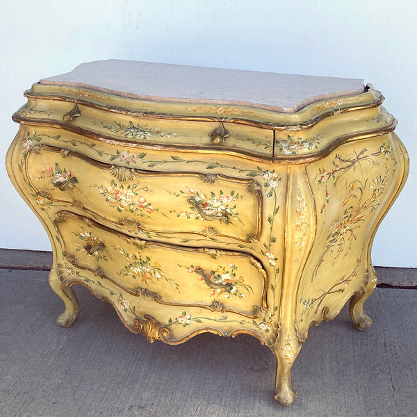 Italian Venetian Rococo Style Painted Pine/Poplar Marble Top Bombe Chest of Drawers