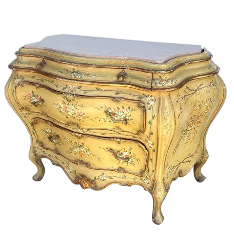 Italian Venetian Rococo Style Painted Pine/Poplar Marble Top Bombe Chest of Drawers